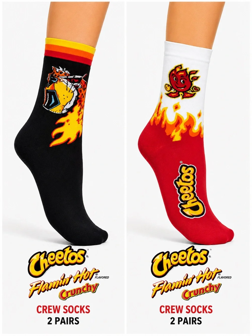Cheetos Flamin’ Hot Crunchy Crew Socks 2 Pair Unisex Size 8 to 12 New In Package